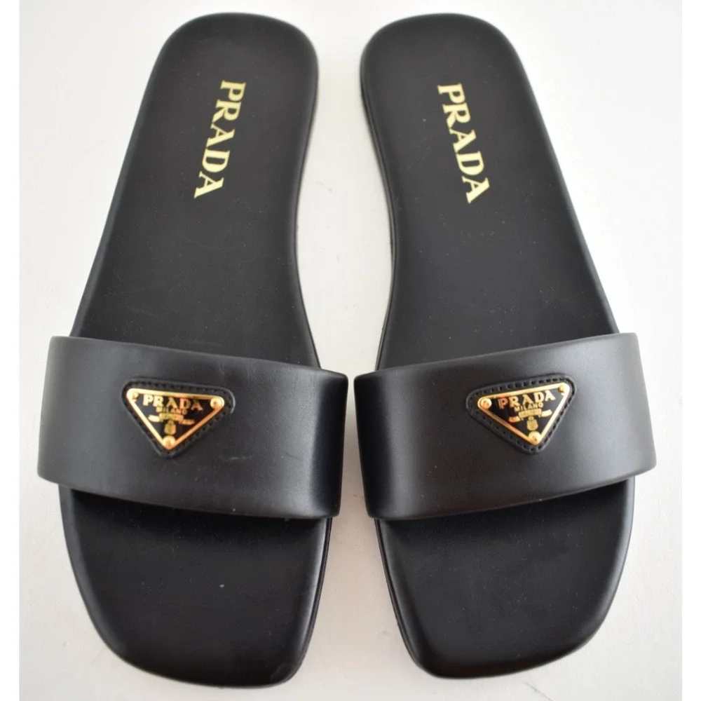 Prada Ciabatte Black Leather Gold Triangle Logo Slide Mule Flat Sandal 36
